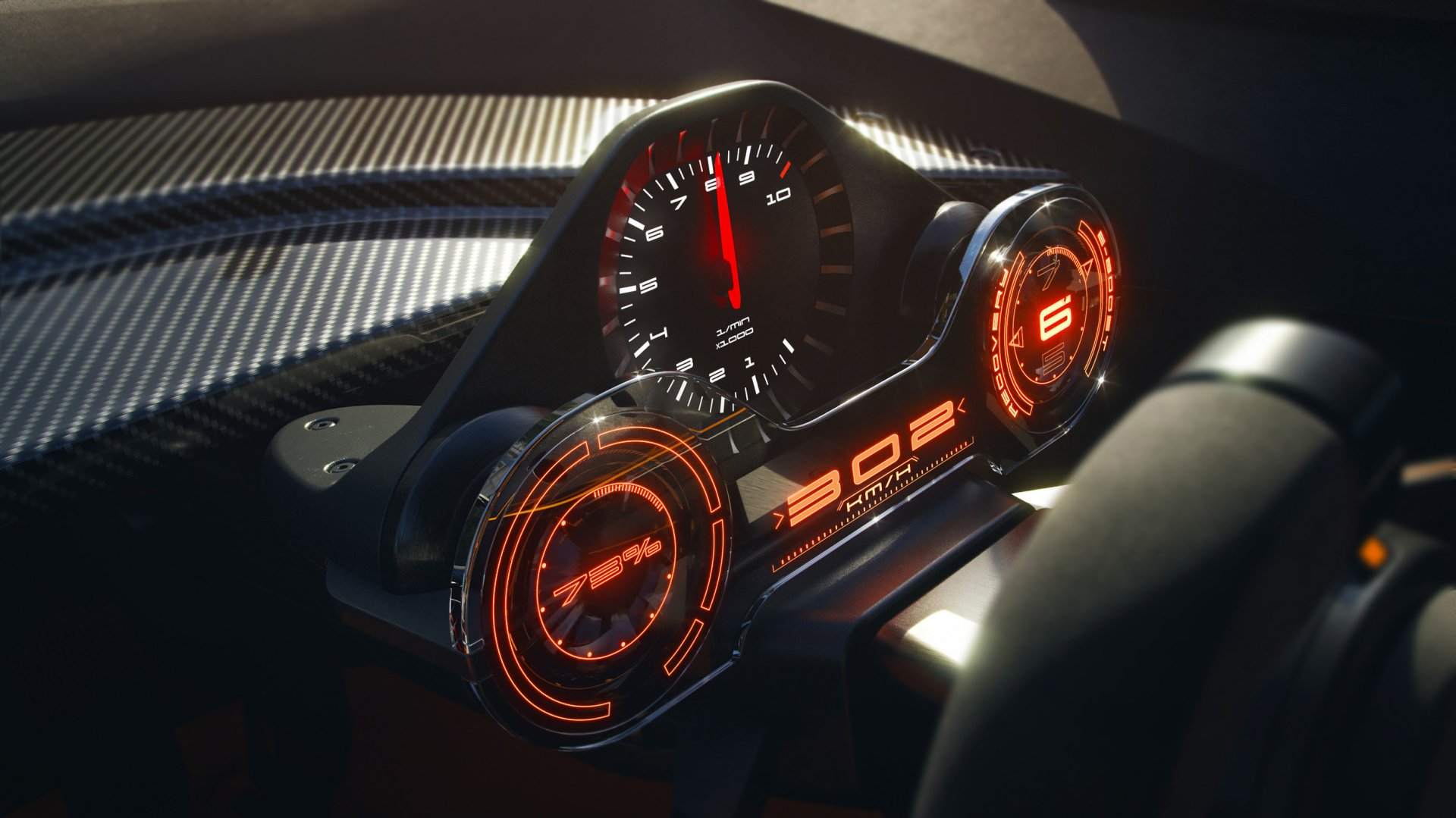 HD desktop wallpaper featuring the futuristic dashboard of the Porsche Vision 908 concept with glowing dials and carbon fiber detail.
