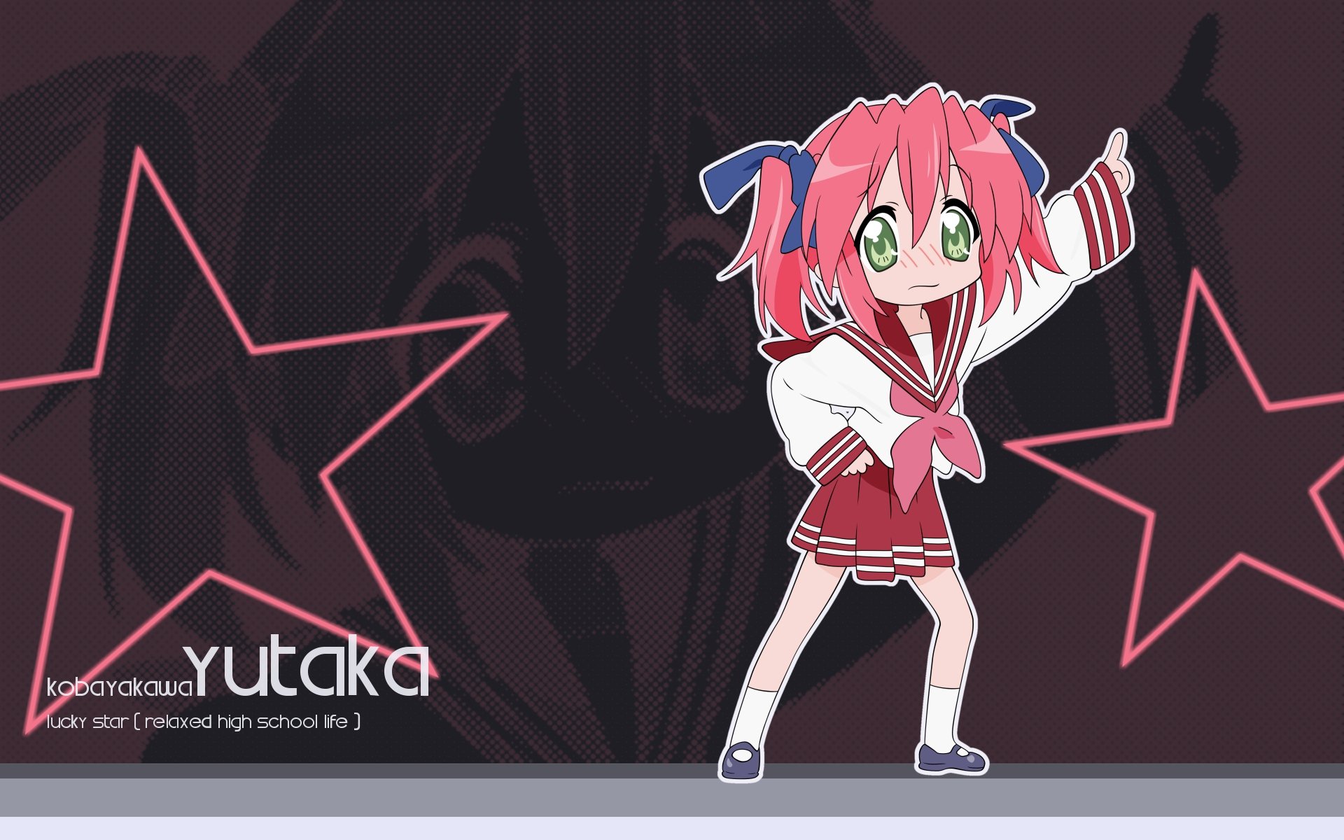 Yutaka Kobayakawa (Lucky Star) HD wallpaper: pink-haired schoolgirl in a red sailor uniform striking a cheerful pose against a dark, star-outlined background.