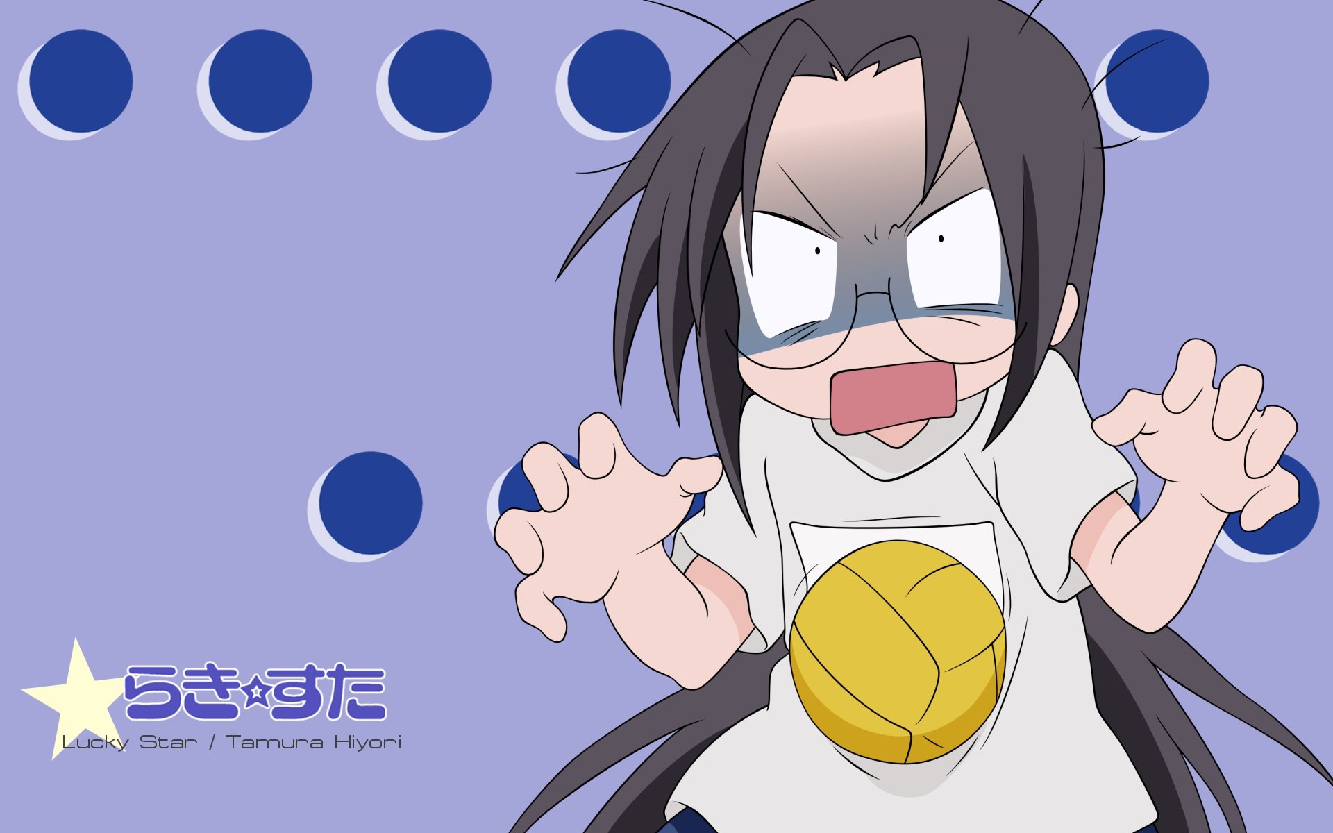 Hiyori Tamura (Lucky Star) chibi anime yelling with hands raised, volleyball on her shirt, blue polka-dot HD PC desktop wallpaper background.
