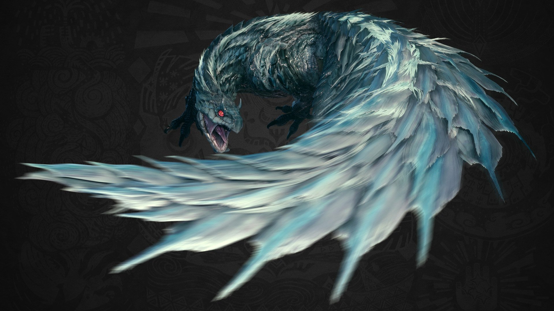 HD desktop wallpaper of a fierce monster from Monster Hunter: World, showcasing its icy blue plumage and menacing stance.