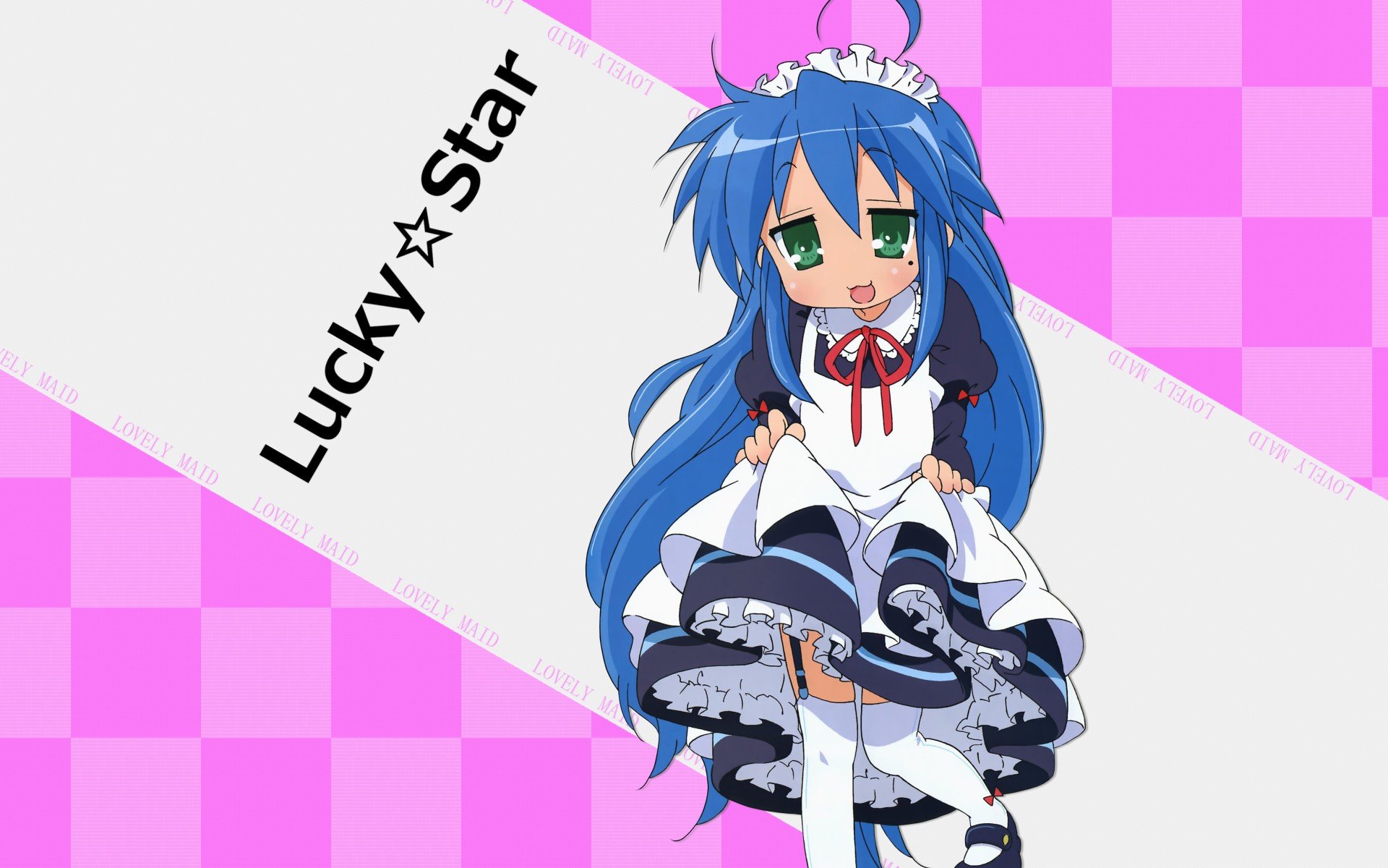 HD PC desktop wallpaper background featuring Konata Izumi from Lucky Star anime: blue-haired girl in a frilly maid outfit against a pink checkerboard backdrop.