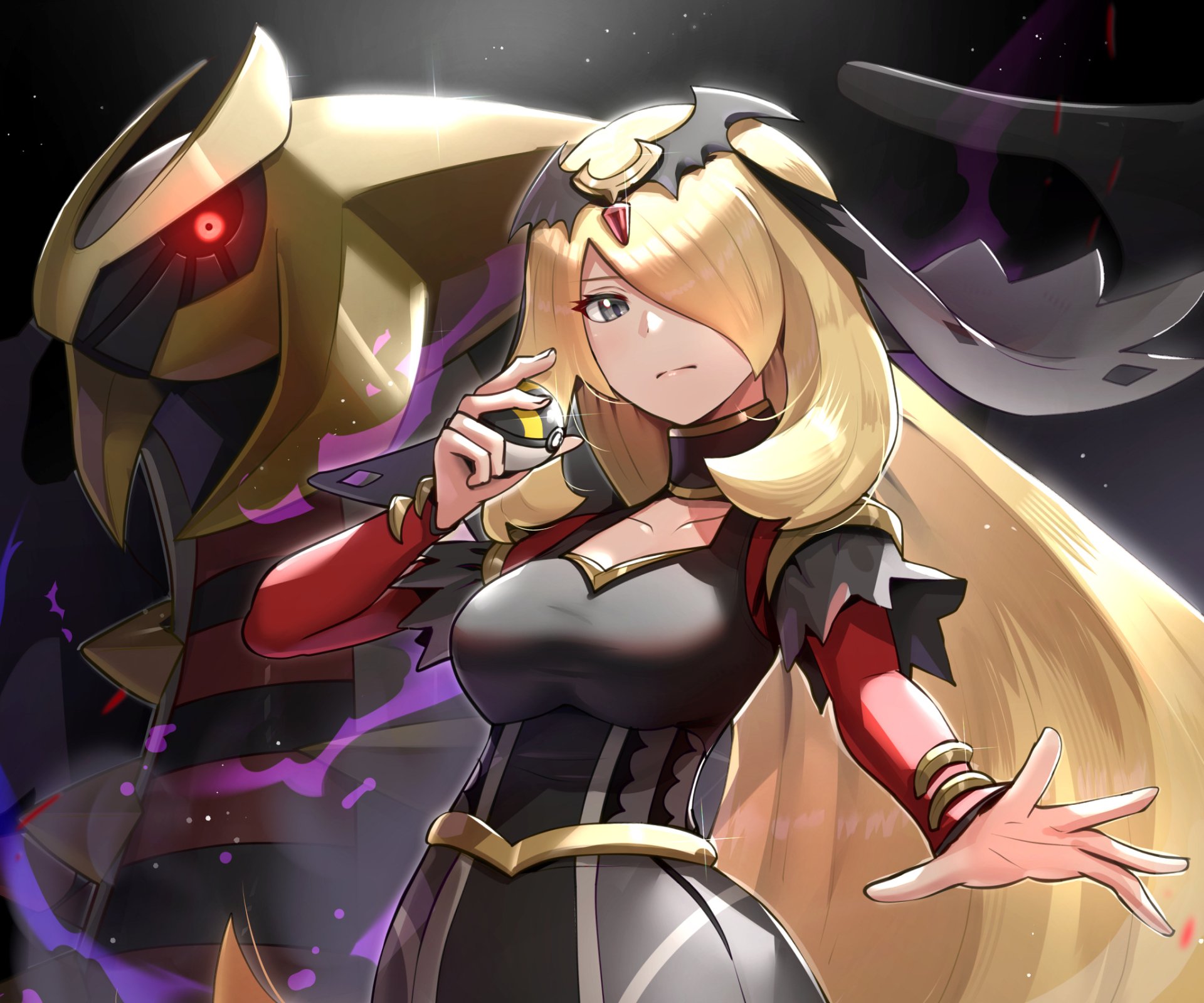 HD anime wallpaper featuring Cynthia, the Pokémon Champion, standing confidently with the legendary Pokémon Giratina in a dark, powerful setting.