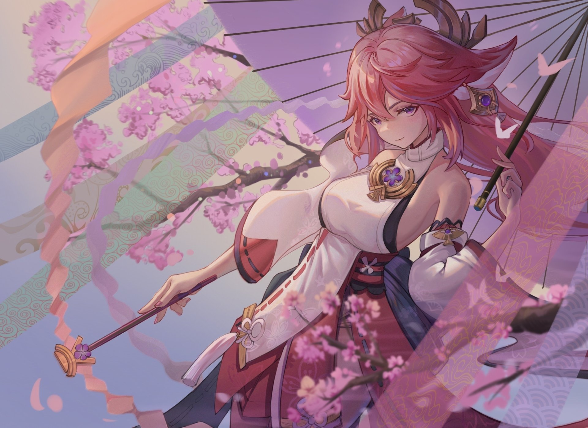 HD desktop wallpaper featuring Yae Miko from the video game Genshin Impact, showcasing her poised with cherry blossoms in the background.