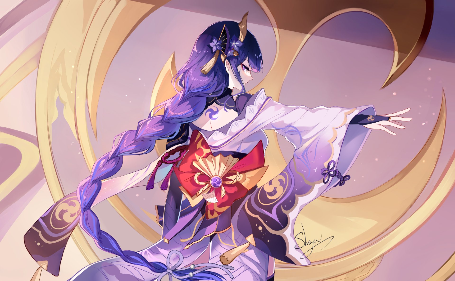 Baal Raiden Shogun from Genshin Impact in a dynamic pose with flowing hair and robes, featured in a vibrant 4K Ultra HD PC desktop wallpaper.