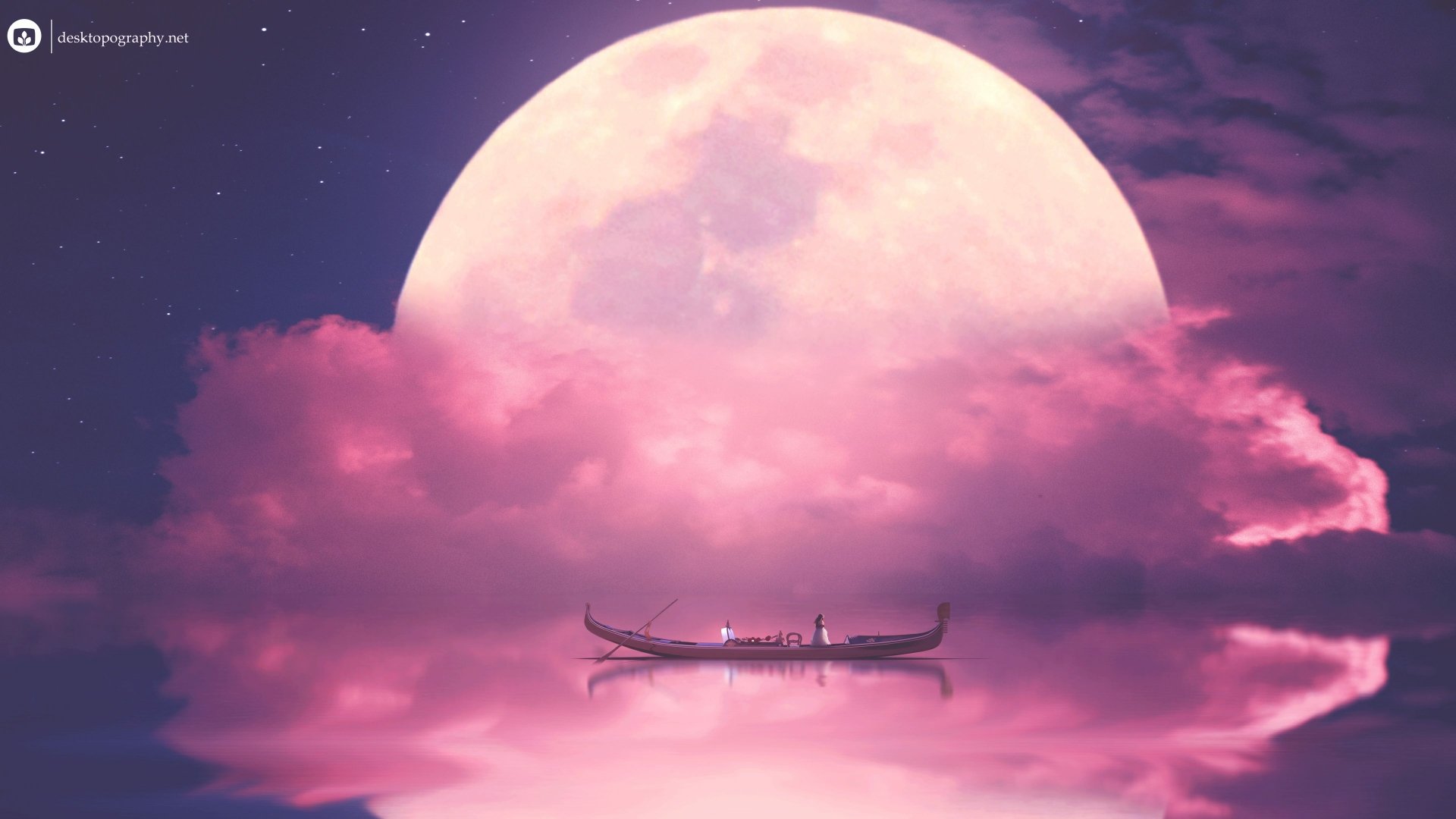 Artistic Desktopography 4K Ultra HD PC desktop wallpaper/background: lone gondola drifting on mirrored pink clouds beneath a luminous full moon.