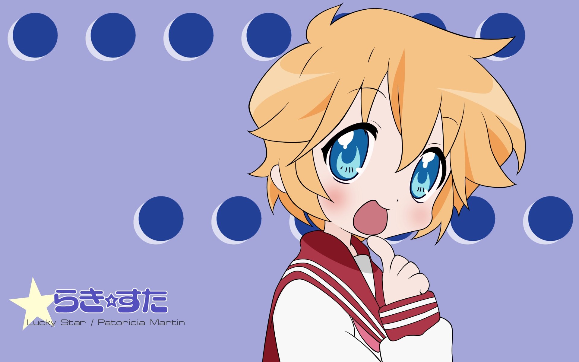 HD anime wallpaper featuring Patricia Martin from Lucky Star with expressive blue eyes and short blonde hair against a blue background with dark blue dots.