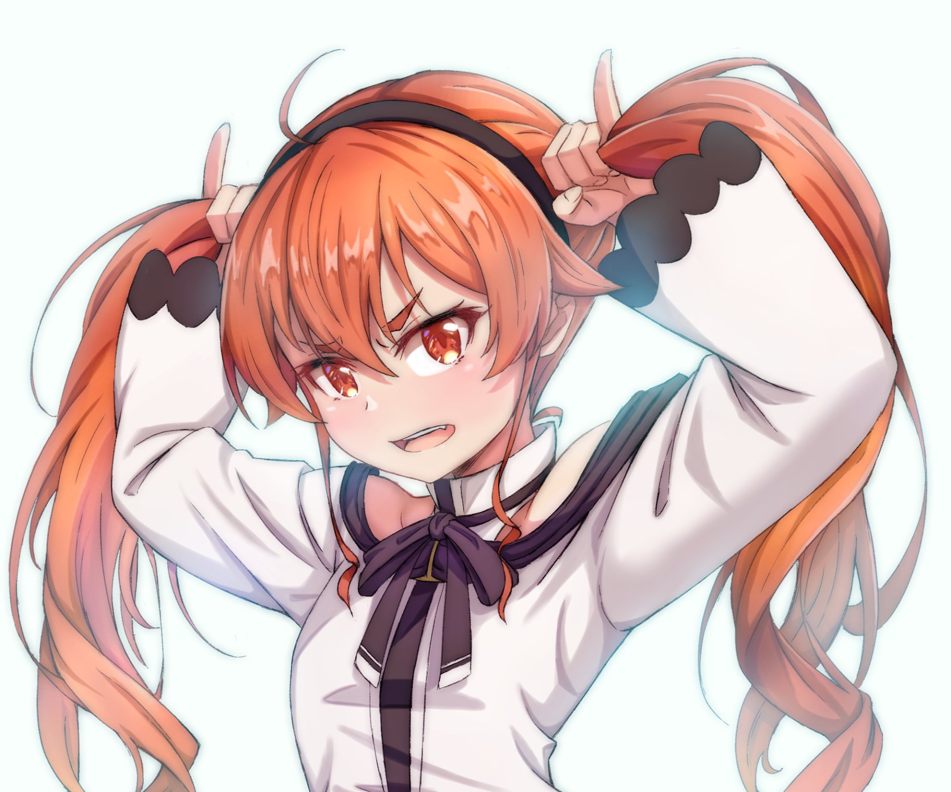 Eris Boreas Greyrat from Mushoku Tensei: Jobless Reincarnation — anime HD PC wallpaper of her tugging twin tails with a fierce grin and bright red-orange hair.