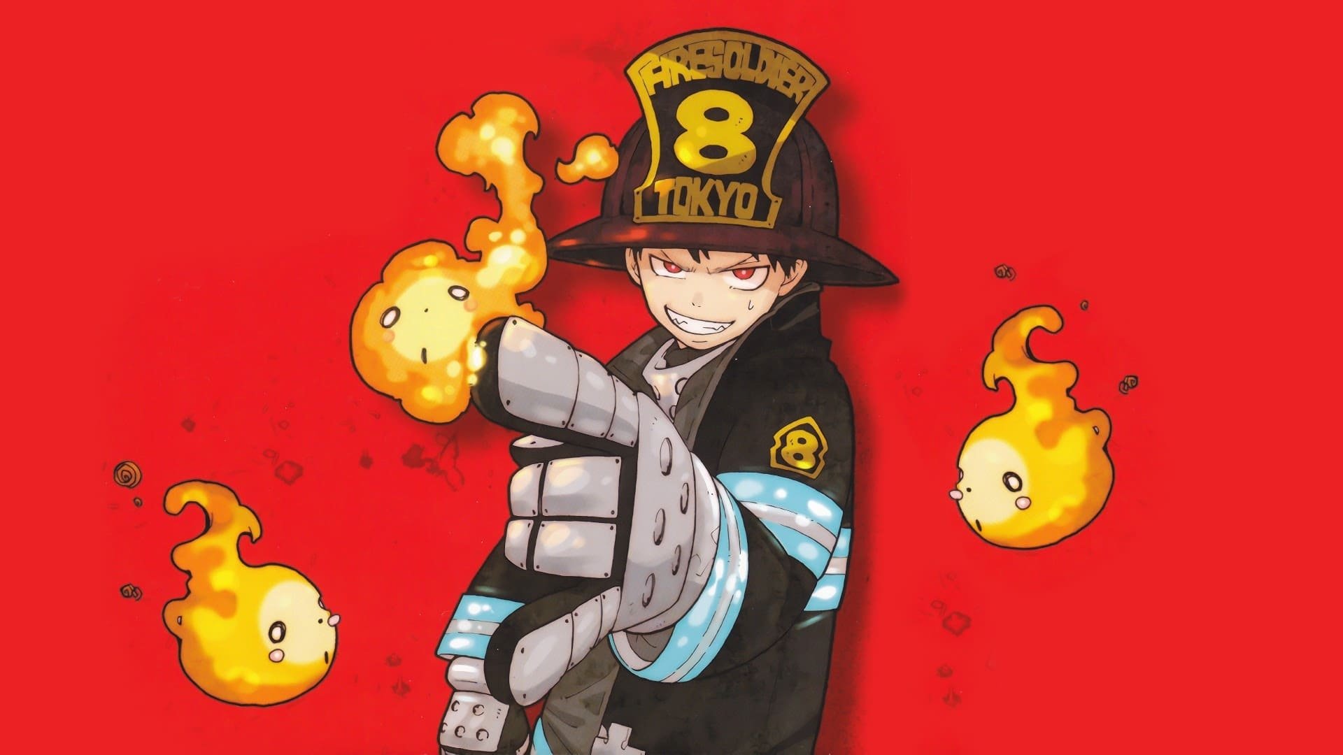 HD PC desktop wallpaper of Shinra Kusakabe from Fire Force: grinning in Tokyo 8 firefighter gear, pointing at the viewer as small flame spirits swirl against a vivid red background.