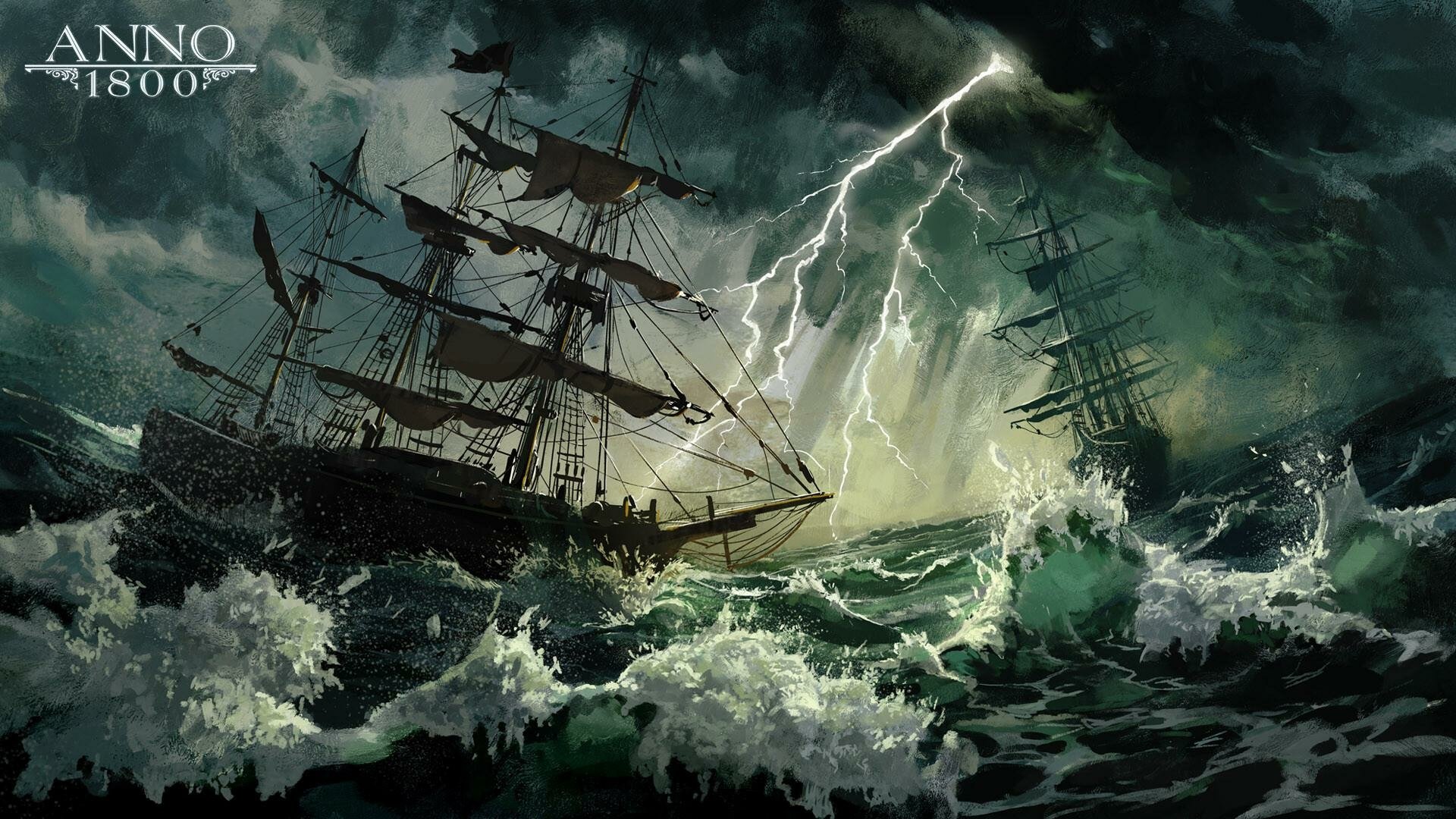 Anno 1800 video game HD PC desktop wallpaper/background: tall sailing ships battered by a lightning-lit storm and towering waves on a dark, turbulent sea.