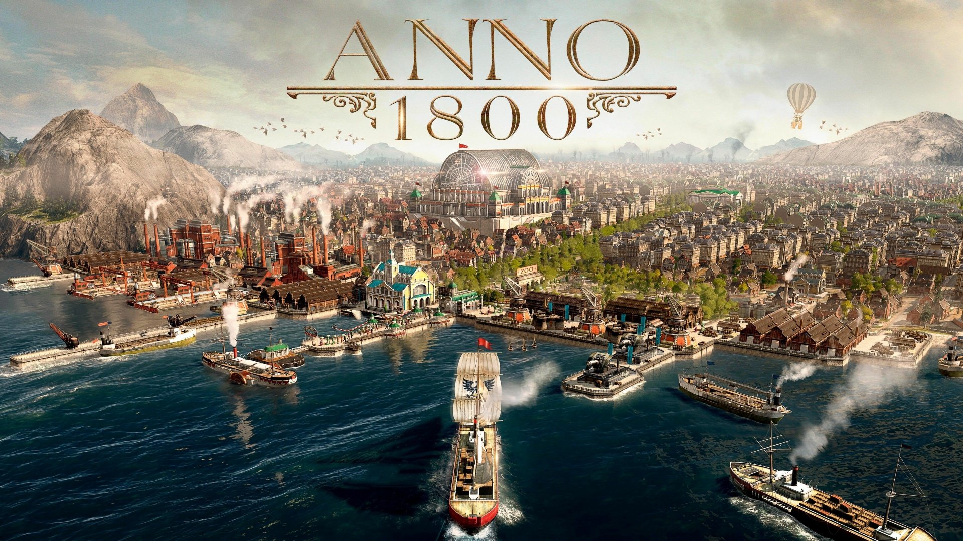 Anno 1800 video game 4K Ultra HD PC wallpaper: panoramic industrial-era harbor with sailing and steam ships, factories, domed cityscape and distant mountains.