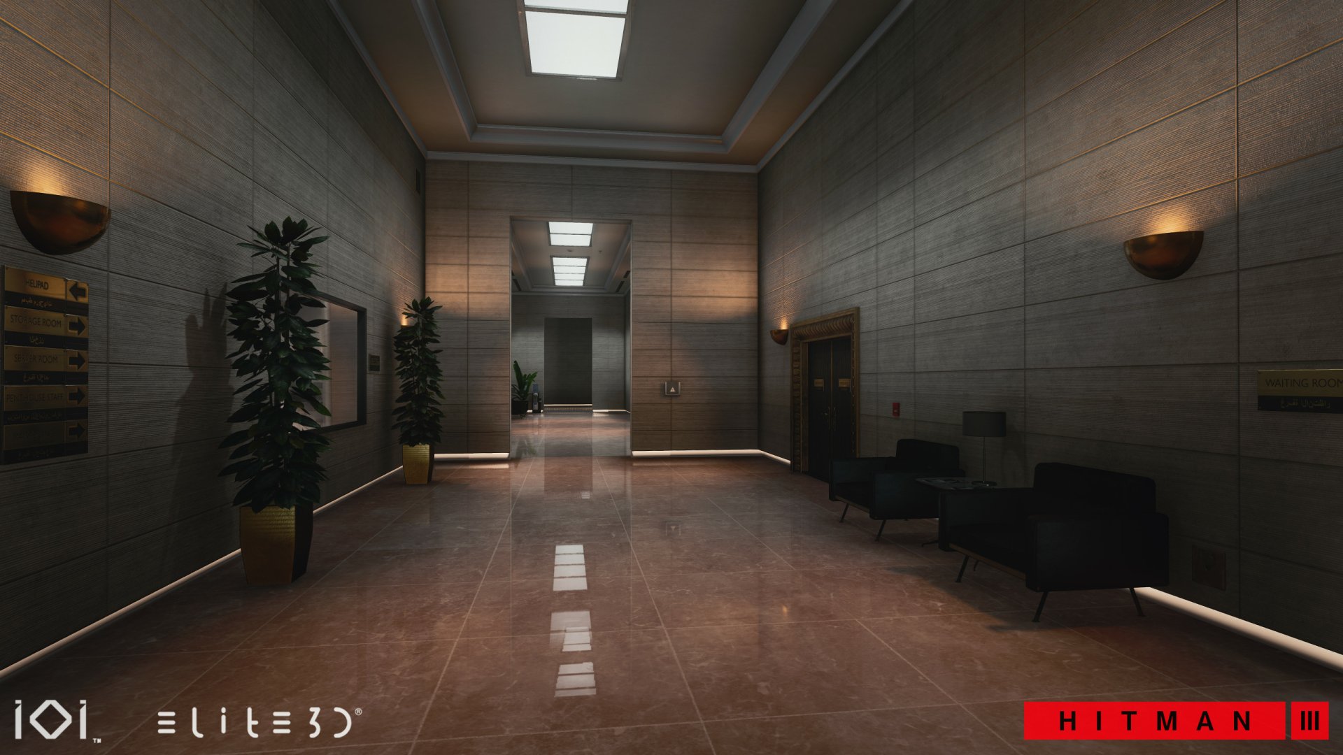 Hitman 3 game HD desktop wallpaper featuring an elegantly designed in-game lobby with modern furnishings and ambient lighting.