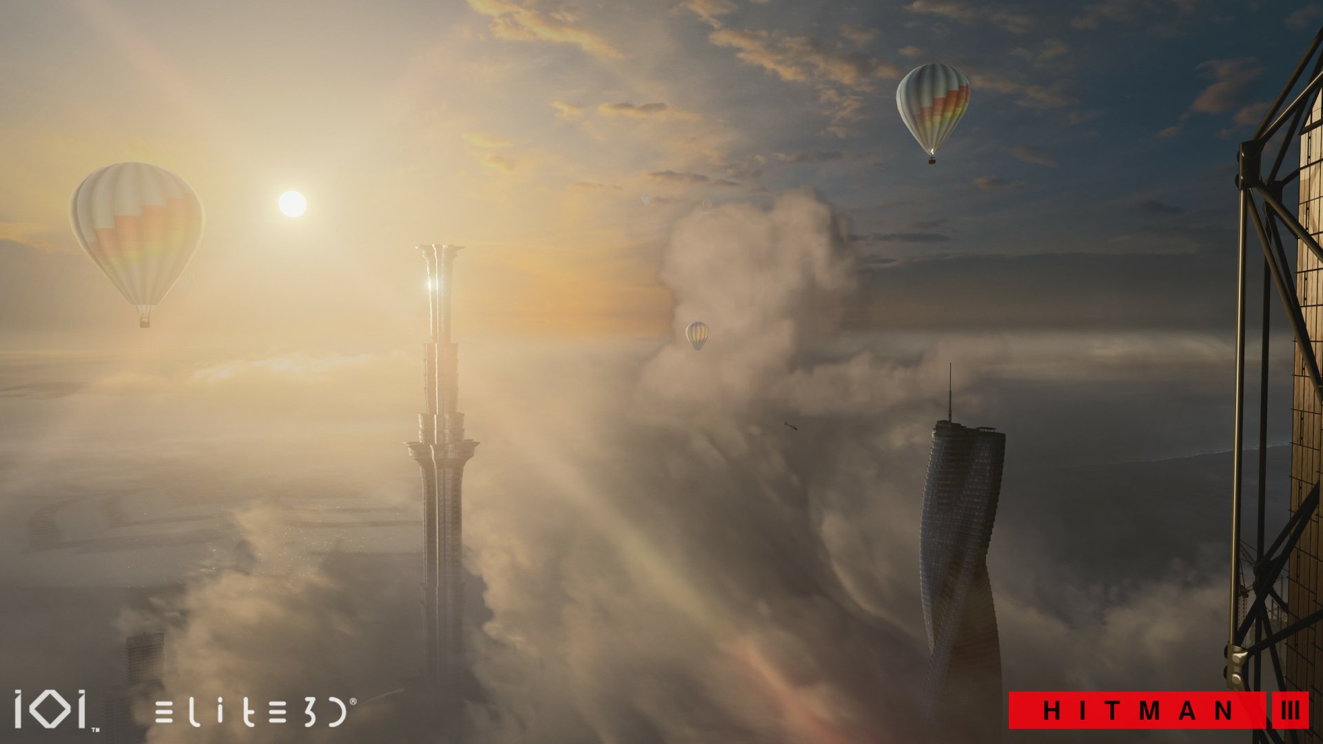 Stunning HD desktop wallpaper for Hitman 3 featuring hot air balloons soaring above the clouds at sunrise.