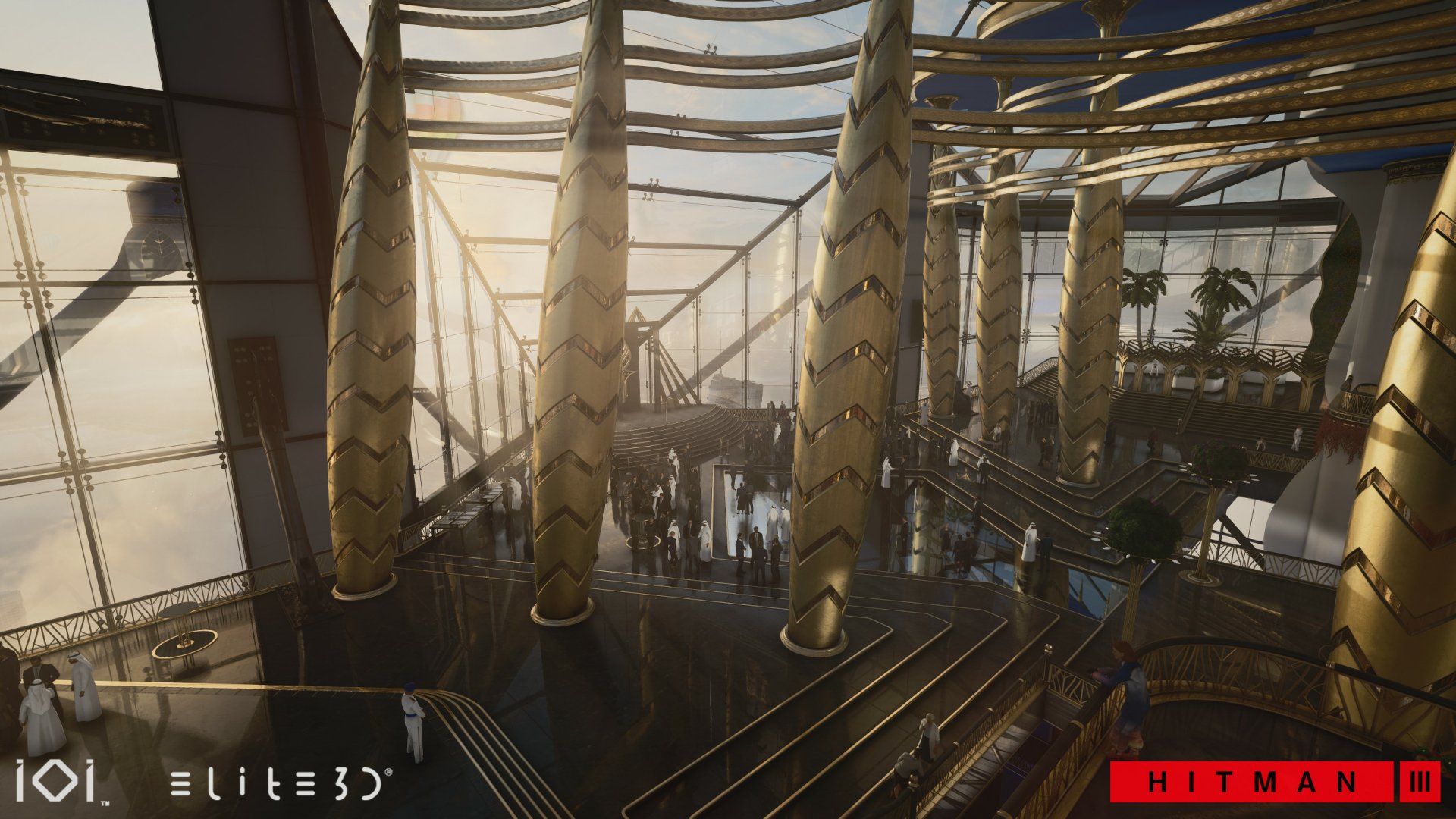 HD desktop wallpaper of Hitman 3 featuring a luxurious interior setting with sunlight streaming through windows.