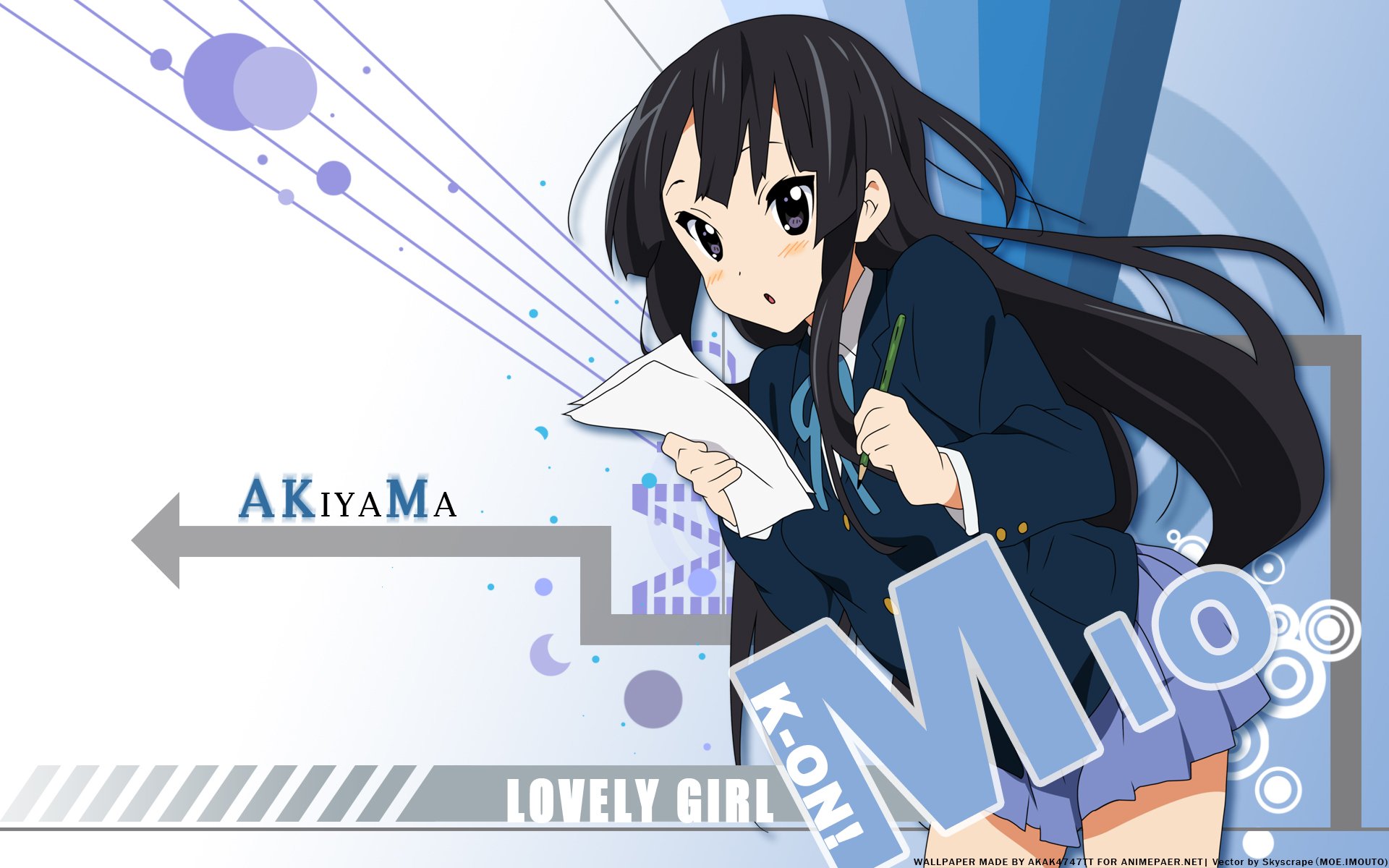 HD anime desktop wallpaper featuring Akiyama Mio from K-ON!, holding papers with a dynamic blue and white background design.
