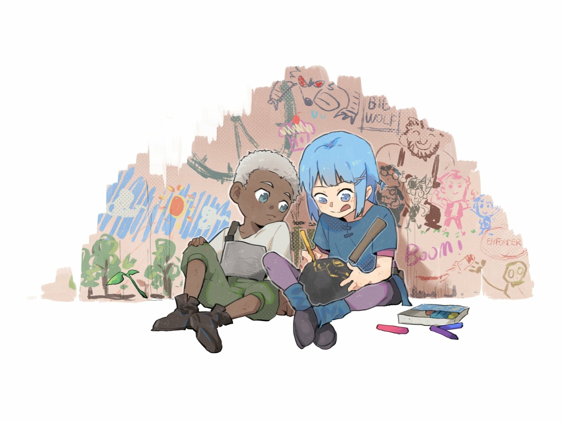 HD PC desktop wallpaper: Arcane TV show–style scene of Ekko (League of Legends) and Jinx (DC Comics) sitting and drawing together in front of a graffiti-covered wall.