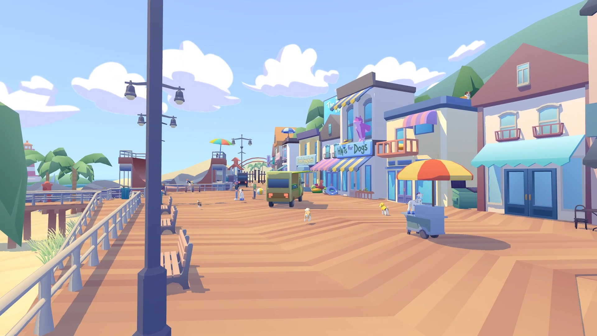 HD desktop wallpaper featuring the colorful, charming game setting of Pupperazzi with vibrant buildings and a boardwalk.