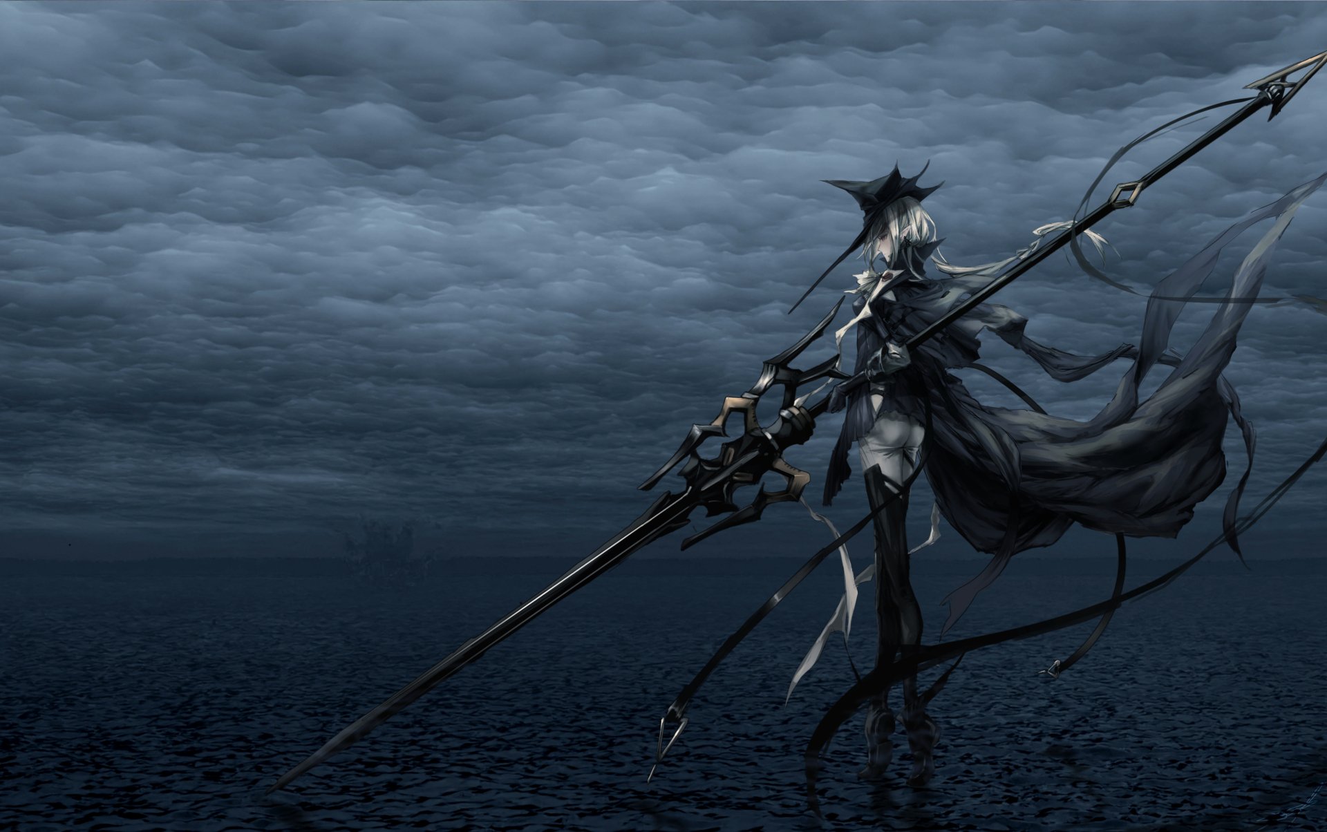 Gladiia (Arknights) stands on a dark, storm-tossed sea clutching a long spear — 4K Ultra HD PC desktop wallpaper/background from the Arknights video game.