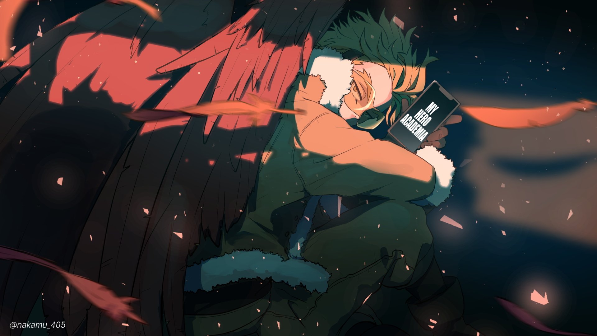 HD PC desktop wallpaper featuring Keigo Takami, also known as Hawks, from the anime My Hero Academia, showcasing his signature red wings and intense expression.