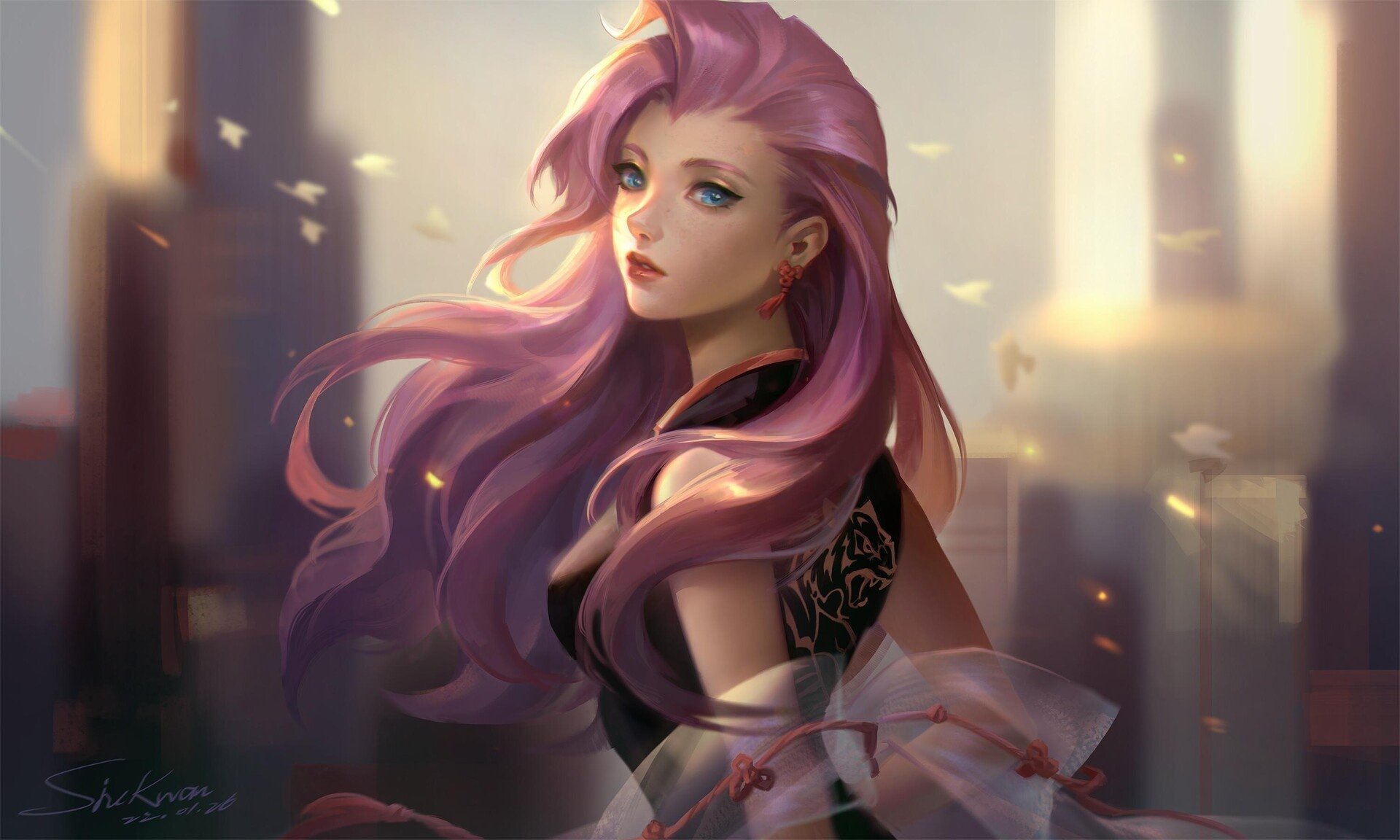 HD PC desktop wallpaper featuring Seraphine from K/DA in League of Legends, showcasing her vibrant pink hair and detailed outfit against a softly lit background.