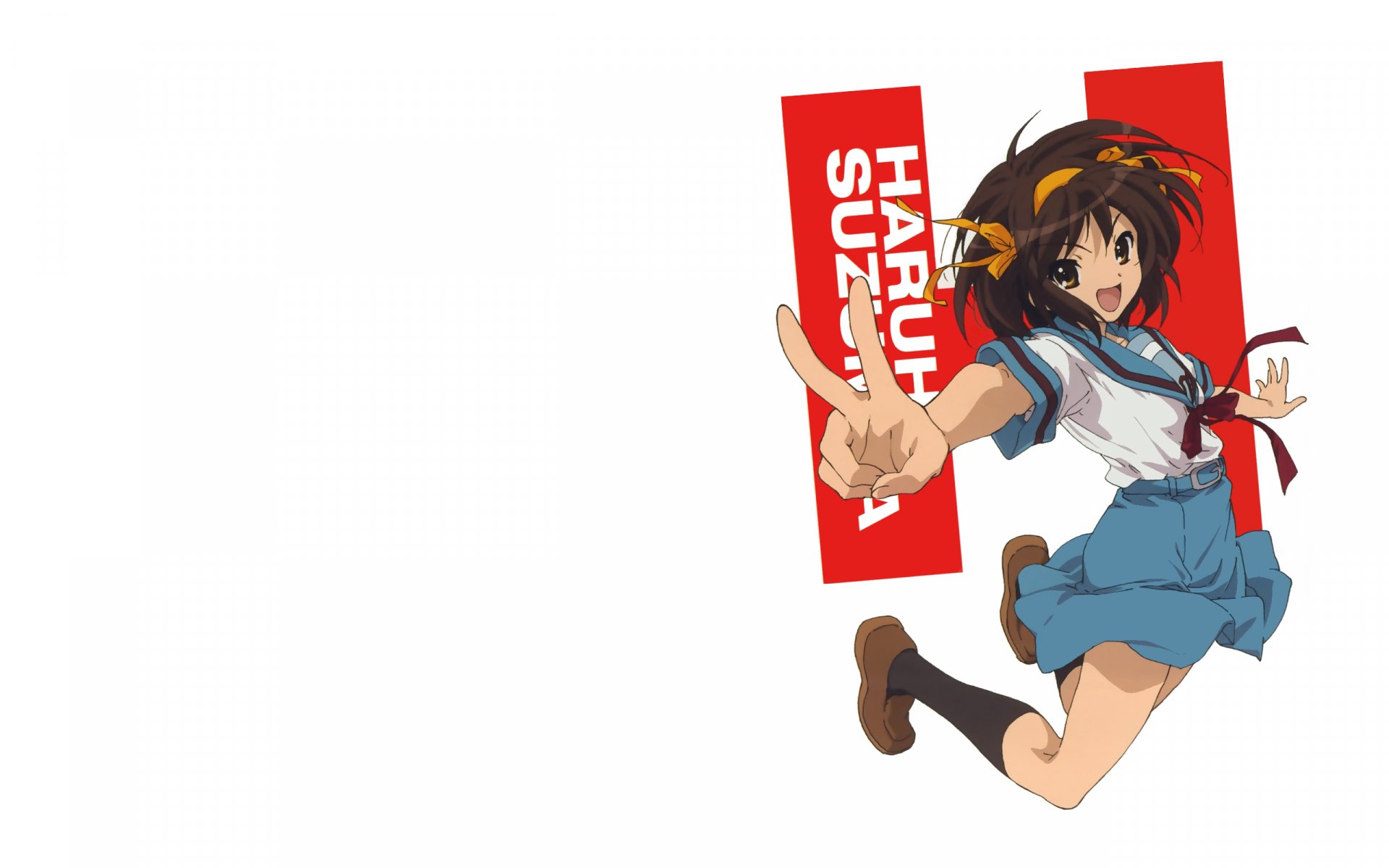 Haruhi Suzumiya in a school uniform with short brown hair and brown eyes, mid-jump pose in skirt on white background, anime 2K Quad HD PC desktop wallpaper.