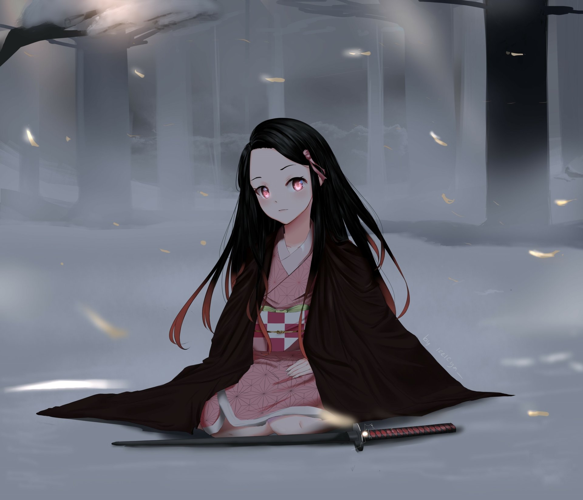A 4K Ultra HD anime wallpaper featuring Nezuko Kamado from Demon Slayer: Kimetsu no Yaiba, depicted in a serene, misty forest setting with soft lighting.