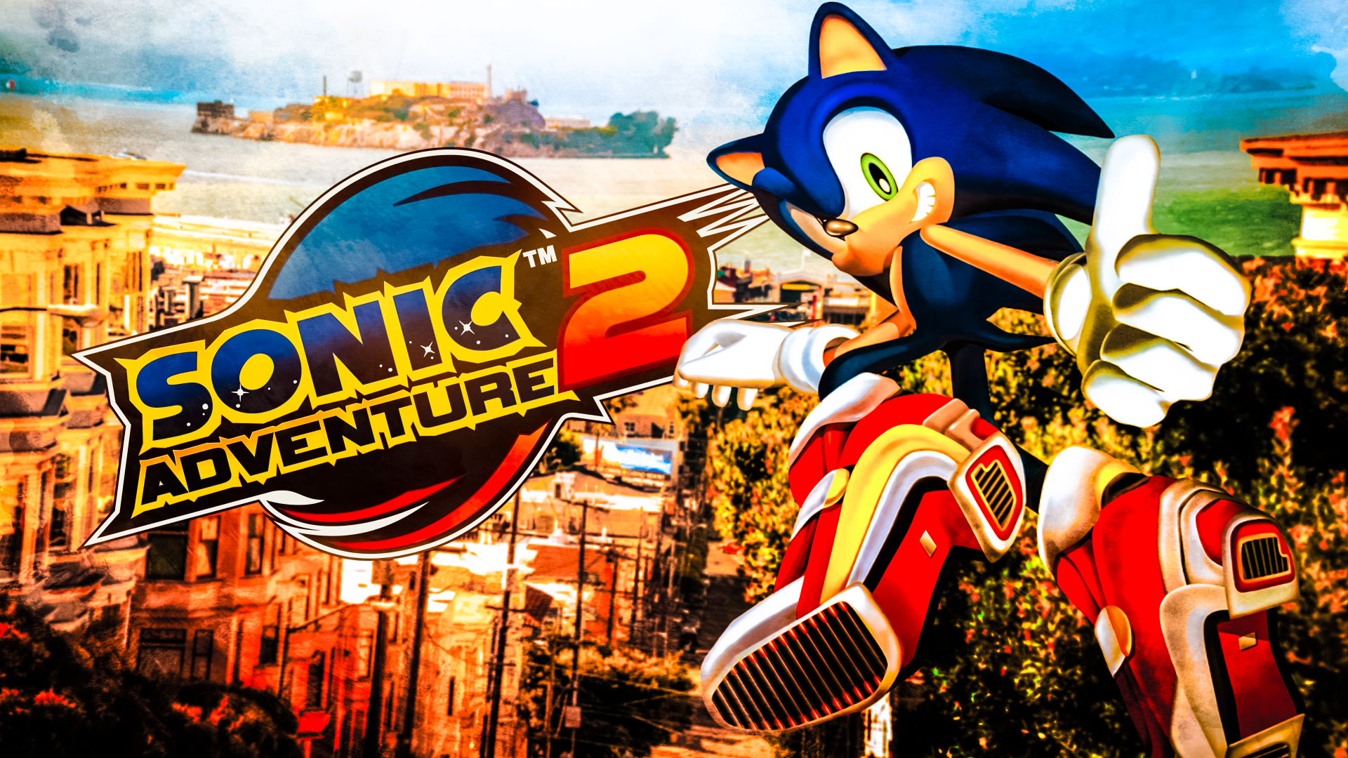 4K Ultra HD Sonic the Hedgehog wallpaper featuring Sonic from the video game Sonic Adventure 2 with a vibrant cityscape background.