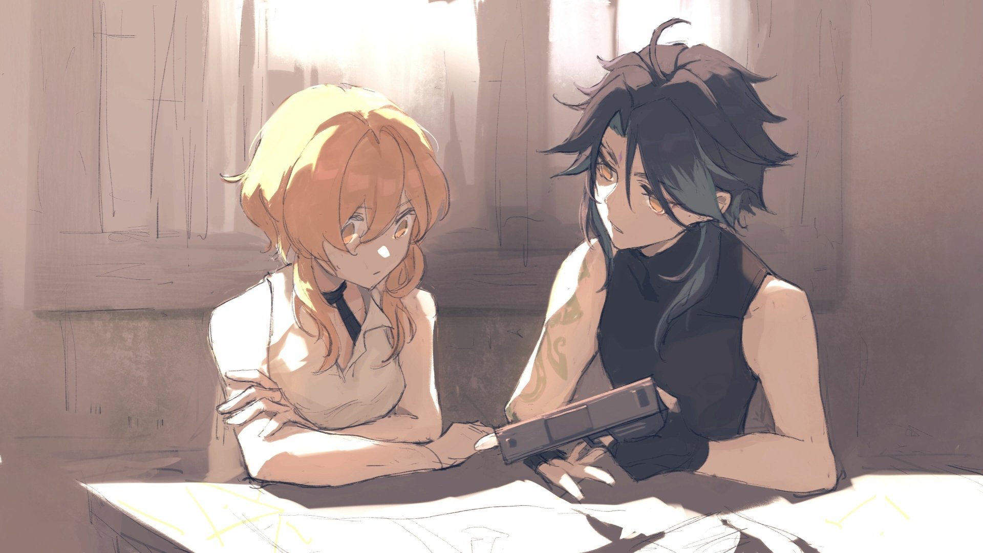 Xiao and Lumine from Genshin Impact share a moment over a table in this detailed 4K Ultra HD PC desktop wallpaper from the video game.