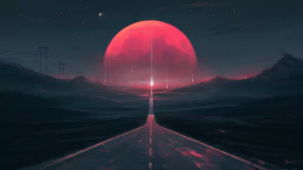 HD desktop wallpaper featuring a sci-fi landscape with a large red moon rising over a snowy mountain range and a glowing road extending towards the horizon under a starlit sky.
