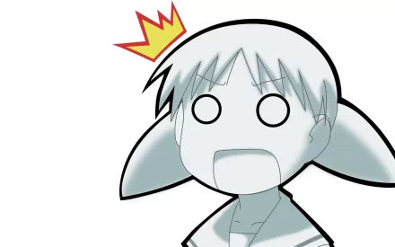 Anime Azumanga Daioh HD PC desktop wallpaper/background: shocked chibi character with pigtails, blank round eyes and crown-shaped exclamation mark over head on a plain white background.