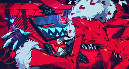 HD PC desktop wallpaper featuring Hazbin Hotel TV show characters Vox and Valentino: Vox's neon TV face grins beside Valentino in a red fur coat against a bold red-and-blue stylized background.