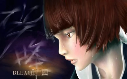 HD PC desktop wallpaper/background featuring Soifon (Bleach), an anime close-up side profile with an intense gaze, dark purple backdrop, stylized falling feathers and the Bleach logo.