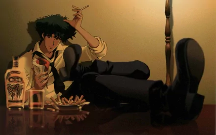 HD PC desktop wallpaper featuring Spike Spiegel from the anime Cowboy Bebop, casually smoking with a bottle and ashtray beside him in a dimly lit setting.