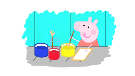 HD desktop wallpaper featuring Peppa Pig painting with colorful paints on a bright blue background.