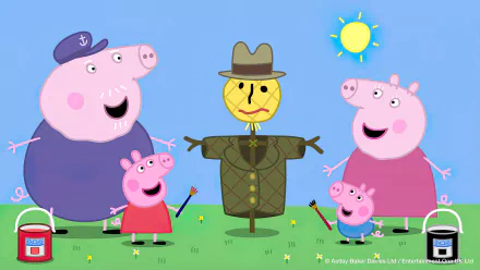 Bright and cheerful HD desktop wallpaper featuring Peppa Pig and friends celebrating with a scarecrow in a sunny field, showcasing their creativity and fun spirit.