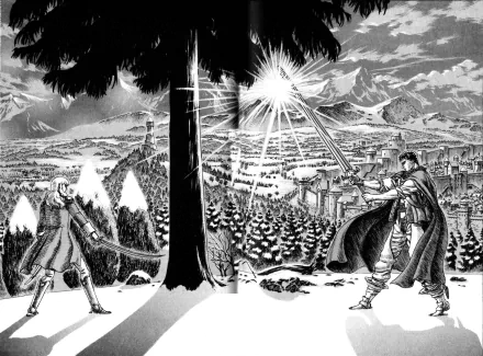 A dramatic black-and-white scene from the anime Berserk, featuring Guts and Griffith in a tense standoff amidst a mountainous landscape, showcasing intense emotion and artistry.