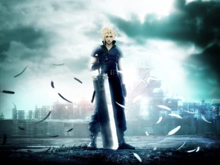 A high-definition anime wallpaper featuring a character from Final Fantasy VII: Advent Children, standing confidently with a large sword in a dramatic, atmospheric setting.
