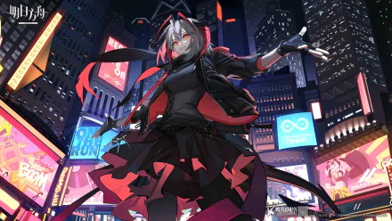 HD PC desktop wallpaper featuring W from the video game Arknights in a dynamic pose against a neon-lit cityscape backdrop.