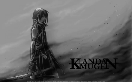 A monochrome HD wallpaper featuring Yu Kanda from the anime D.Gray-man, standing solemnly with a sword, set against a misty background.