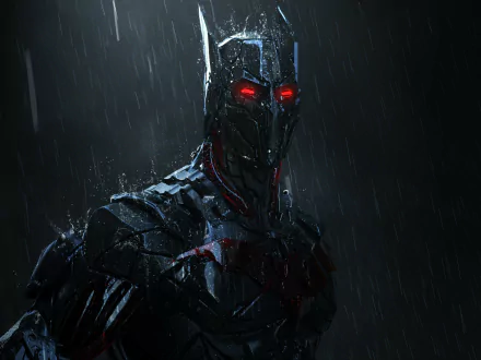 Rain-drenched cyborg Batman from The Batman movie, glowing red eyes in a dark cinematic 2K Quad HD PC desktop wallpaper/background.