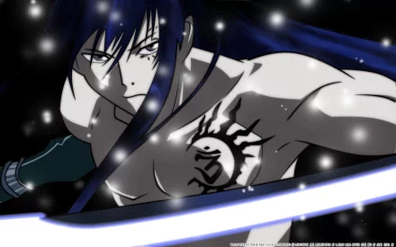 HD anime wallpaper featuring Yu Kanda from D.Gray-man, showcasing his intense gaze and detailed tattoo against a dark, starry background.