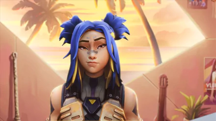 HD PC desktop wallpaper featuring Neon, a character from the Valorant video game, set against a warm, sunlit urban background with palm trees.