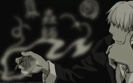 HD PC desktop wallpaper featuring Ginko from the anime Mushishi, depicted in a dark, atmospheric scene with mystical smoke-like patterns in the background.
