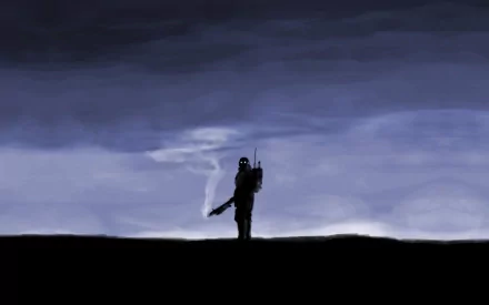 HD PC desktop wallpaper from Jin-Roh: The Wolf Brigade — lone armored figure smoking on a dark horizon under a brooding blue-gray sky.