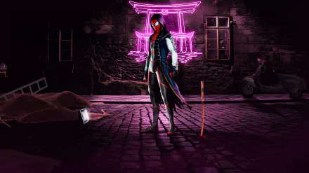 Marvel Comics comic Spider-Man 2K Quad HD PC desktop wallpaper: hooded, neon-lit Spider-Man standing in a dark alley before a glowing torii, scooter and staff nearby.