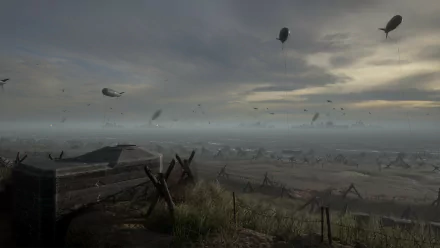 HD desktop wallpaper of a dramatic landscape from the video game Hell Let Loose, featuring a cloudy sky and aerial balloons over a war-torn terrain.