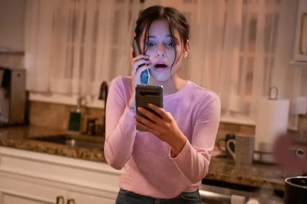 Jenna Ortega in a tense scene from the movie Scream (2022), featured in an HD PC desktop wallpaper and background.