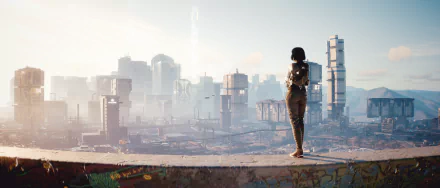 4K Ultra HD PC desktop wallpaper of Night City (Cyberpunk 2077) video game: lone figure on a rooftop overlooks the sprawling cyberpunk skyline.