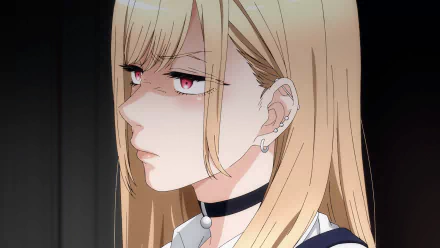 HD anime desktop wallpaper featuring Marin Kitagawa from My Dress-Up Darling with blonde hair, piercing red eyes, and a choker against a dark background.