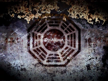 HD desktop wallpaper featuring the DHARMA Initiative logo from the TV show Lost, set against a weathered, textured background.