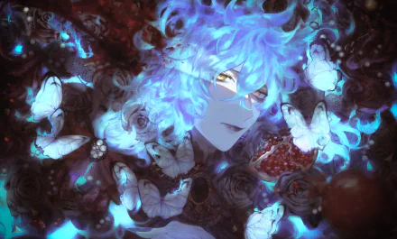 HD PC desktop wallpaper featuring Idia Shroud from the video game Twisted Wonderland, surrounded by glowing blue butterflies and mystical energy.